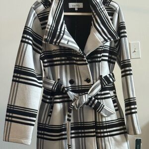 Sebby Black and White Plaid Trench Coat